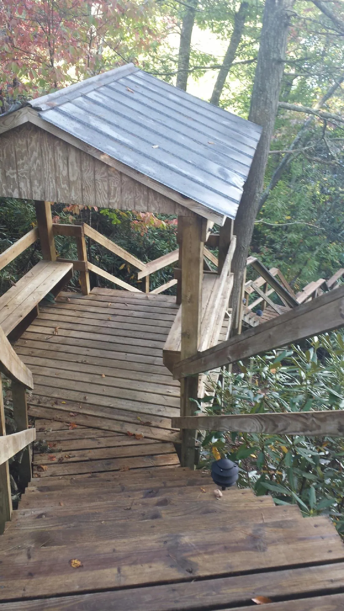 Metal roofed shelter over wooden steps on a wooded walkway — Skylight Repair & Installation work by our crew in Tigerton